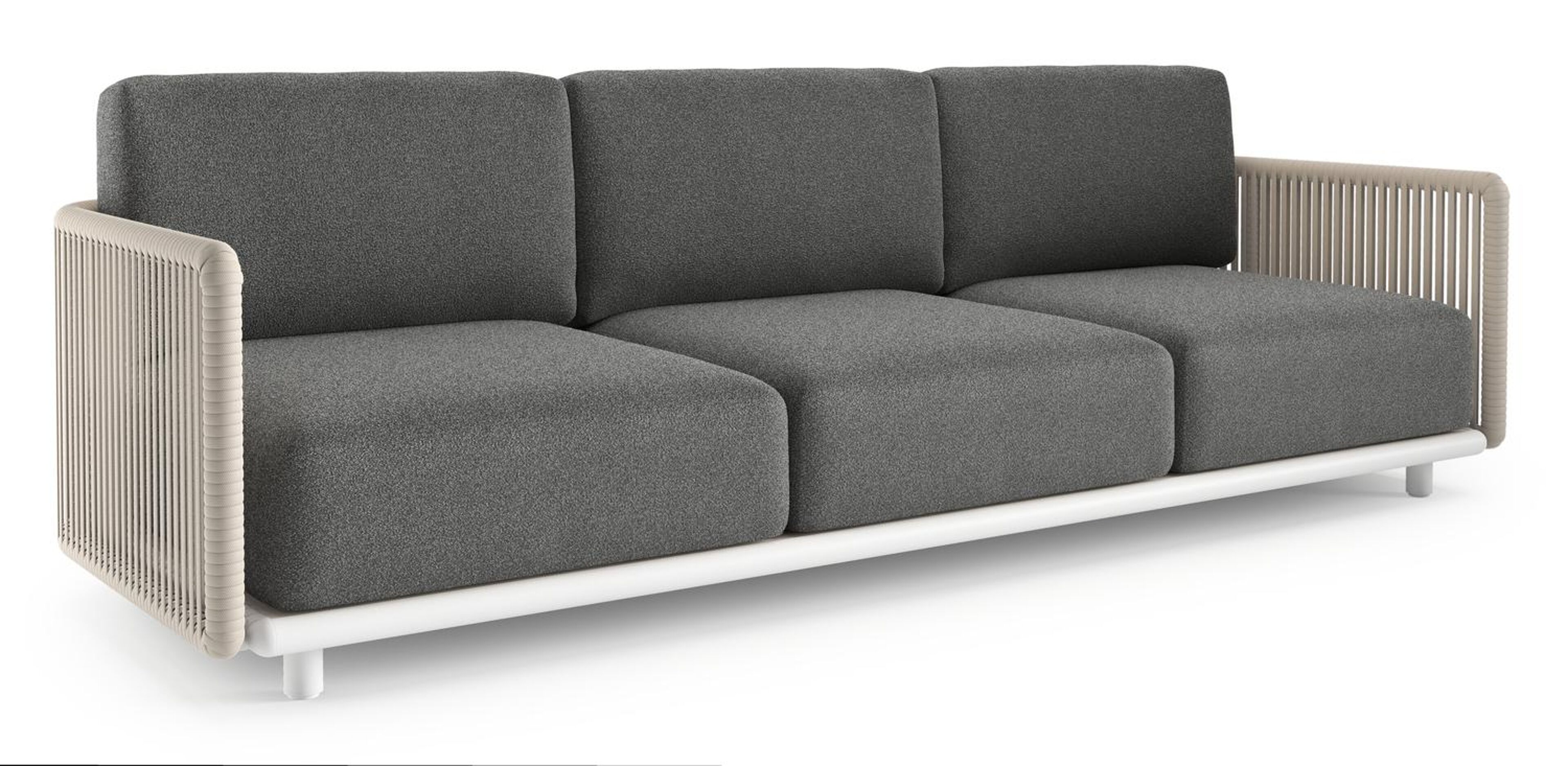 Canapé de jardin Organo en aluminium blanc et corde luxe plate tissée verticalement beige et coussin en all weather Cosytica catania black