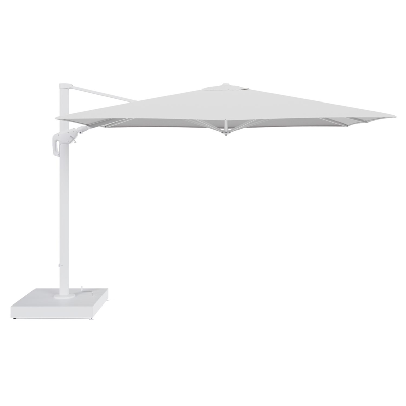Minore zweefparasol met tiltfunctie in wit aluminium en Ego Birch All Weather Solica parasoldoek - L1 280 x L2: 370 cm met parasolvoet Minore 260 kg met wielen
