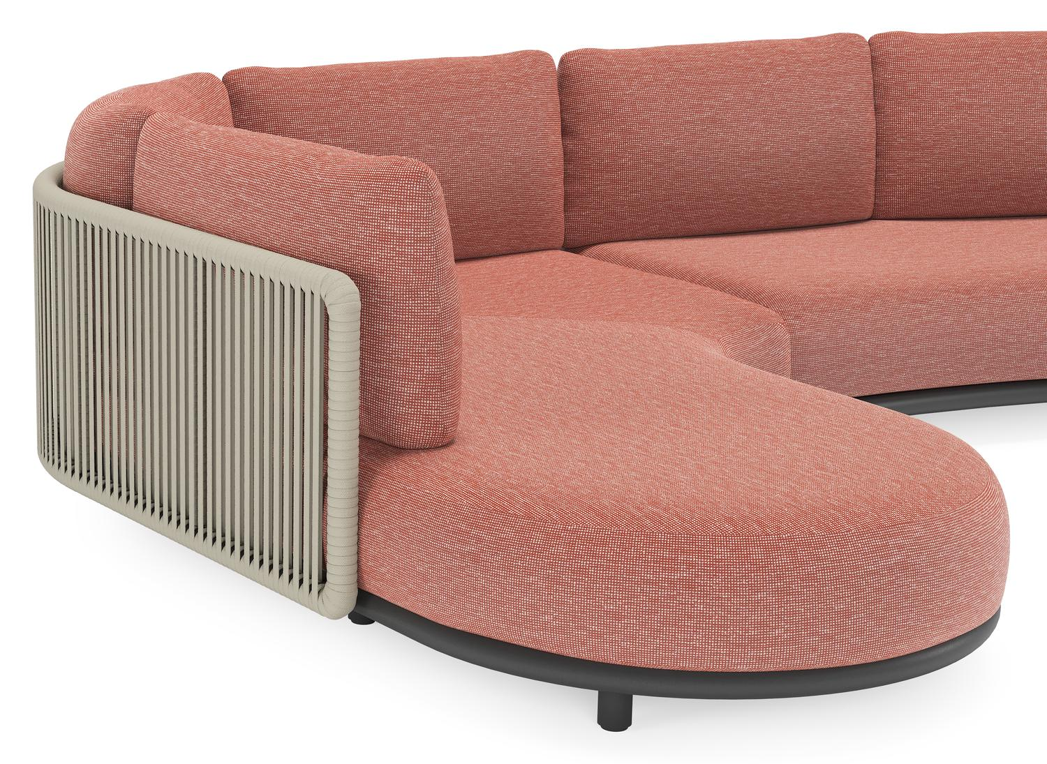 Salon de jardin d'angle Lomano en aluminium noir et corde luxe plate tissée verticalement beige et coussins en all weather sunbrella® luxe Slow Alezan