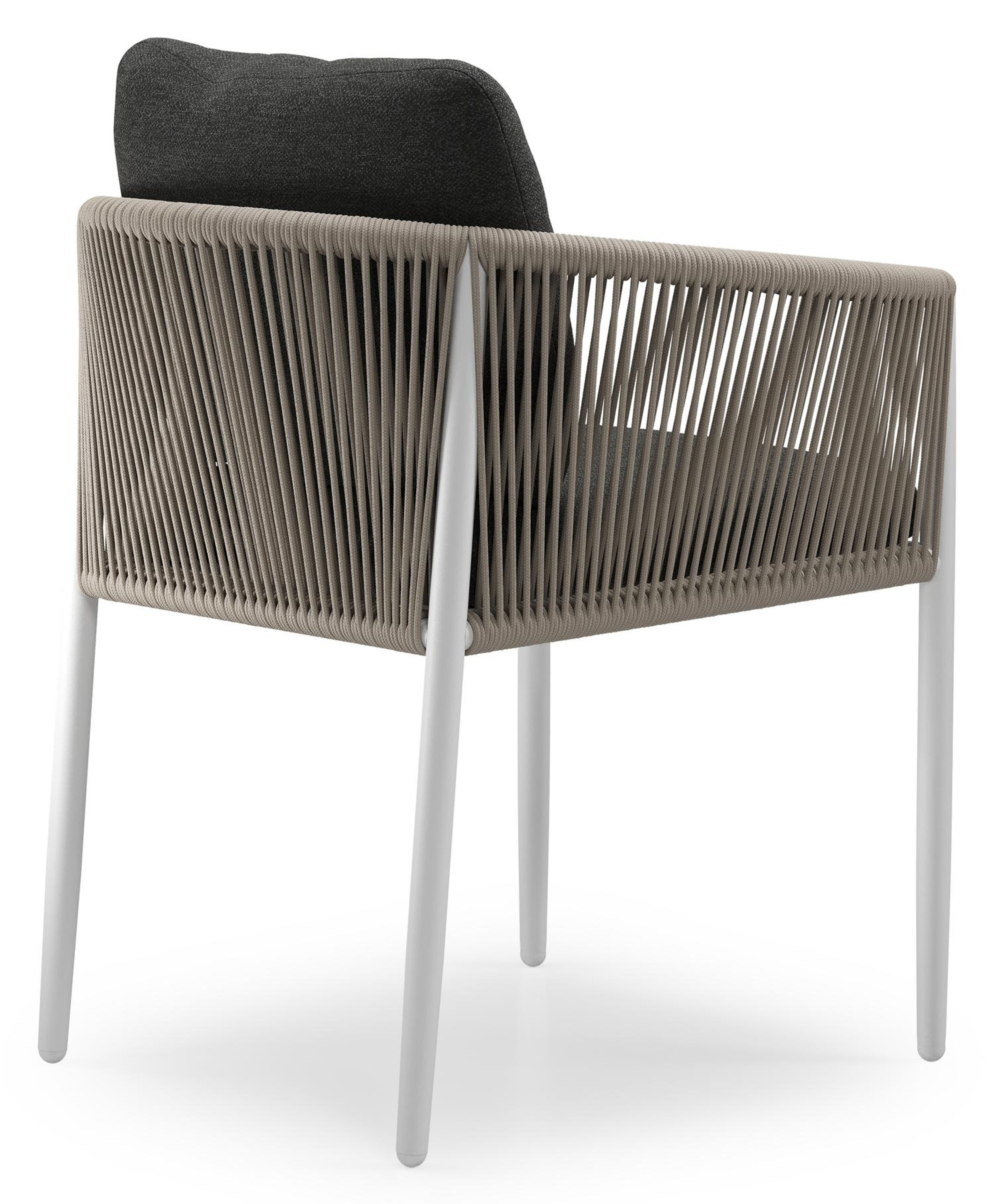 Organo tuinstoel in beige aluminium en beige verticaal geweven ronde rope met stoelkussen in All Weather Sunbrella® Luxe Chartres Sooty