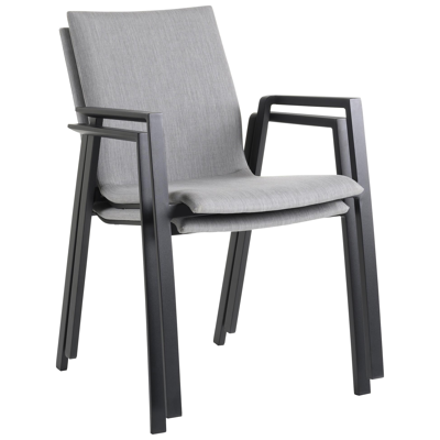 Ensemble de jardin Trente en aluminium noir avec plateau de table en teck Naturel et 8 chaises de jardin empilables Madura