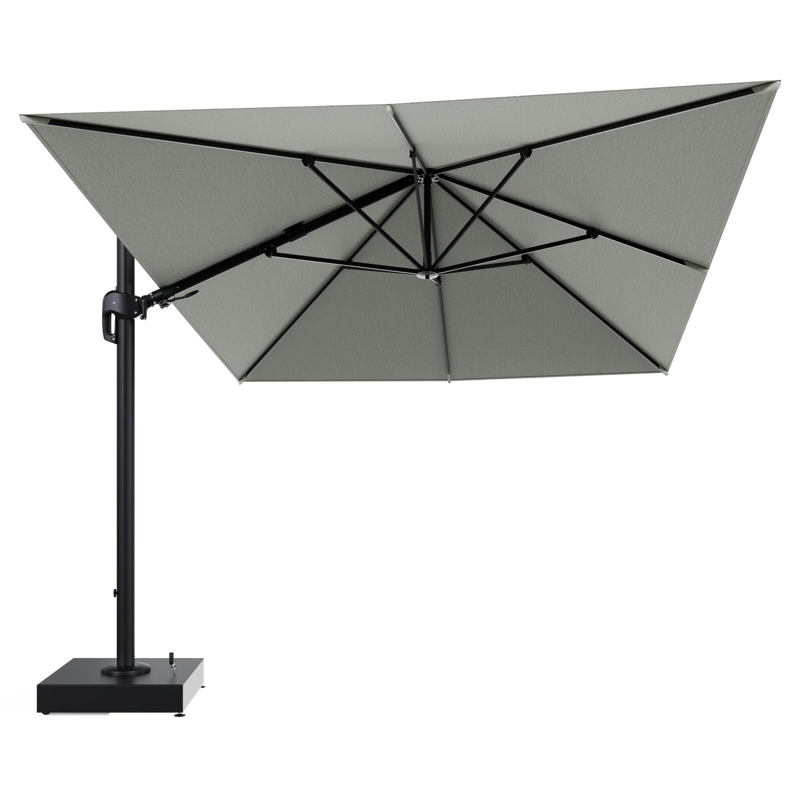 Rufina zweefparasol met tiltfunctie in zwart aluminium en Slow Spirea All Weather Sunbrella® Luxe parasoldoek - L1 400 x L2 300 cm met parasolvoet Minore 150 kg met wielen