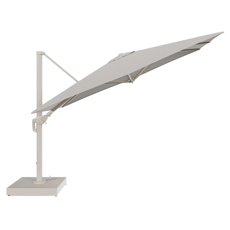 Minore zweefparasol met tiltfunctie in beige aluminium en Firenze Sand All Weather Solica parasoldoek - L1 280 x L2 370 cm met parasolvoet Minore 260 kg met wielen
