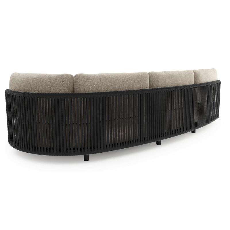 Lomano loungebank in zwart aluminium en zwart verticaal geweven luxe vlakke rope met chartres pewter all weather sunbrella® luxe kussen