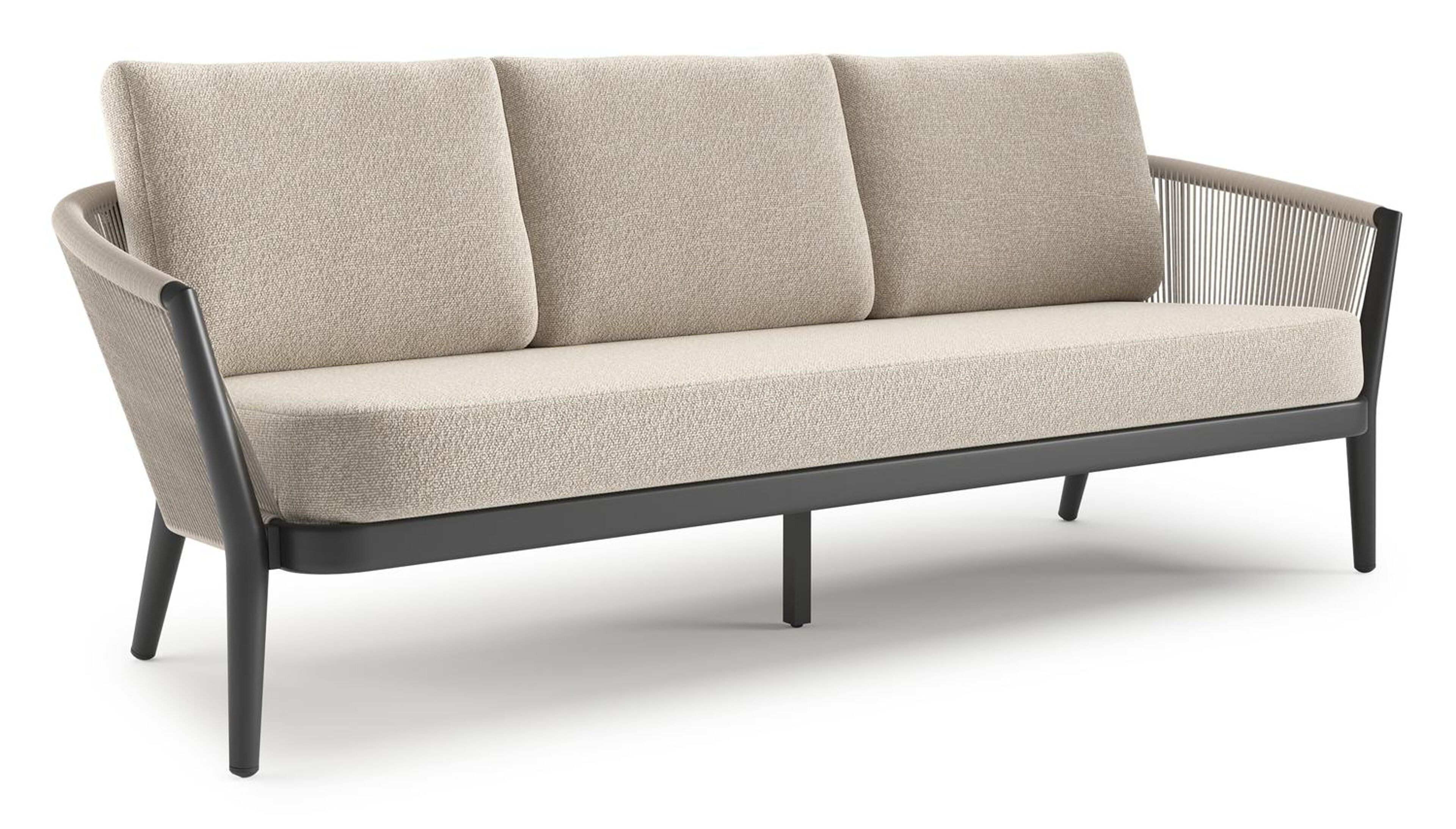 Orso loungebank in zwart aluminium en beige verticaal geweven ronde rope met Marbella Ecru all weather cosytica kussen