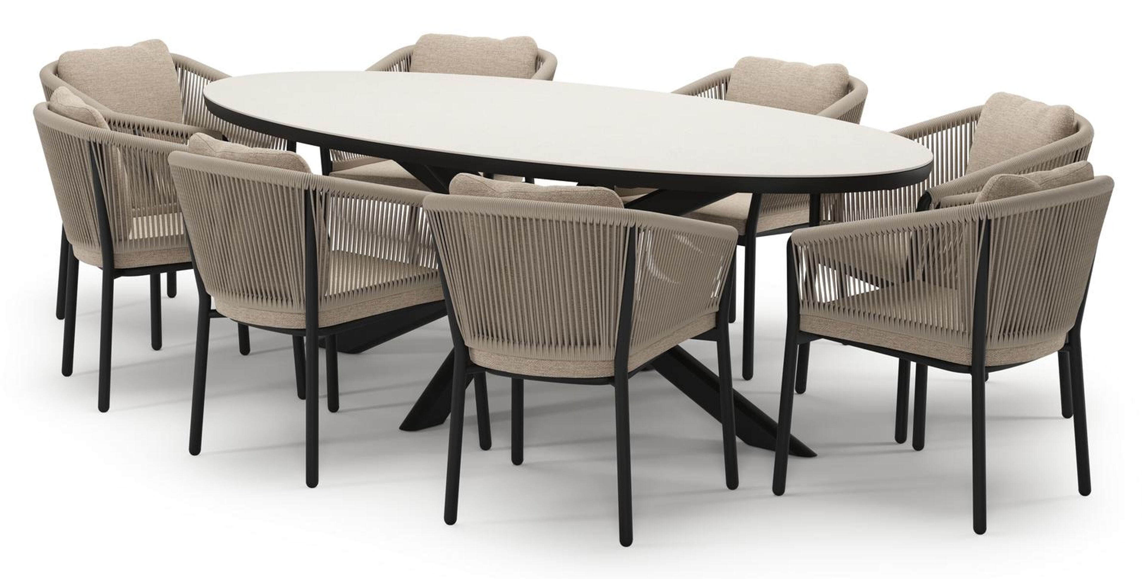 Pamplona tuinset in zwart aluminium en crema minerale sintered stone met 8 Gerona tuinstoelen
