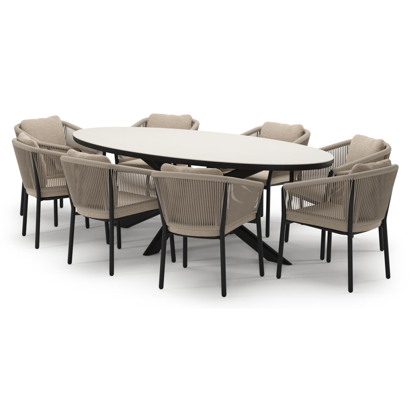 Pamplona tuinset in zwart aluminium en crema minerale sintered stone met 8 Gerona tuinstoelen