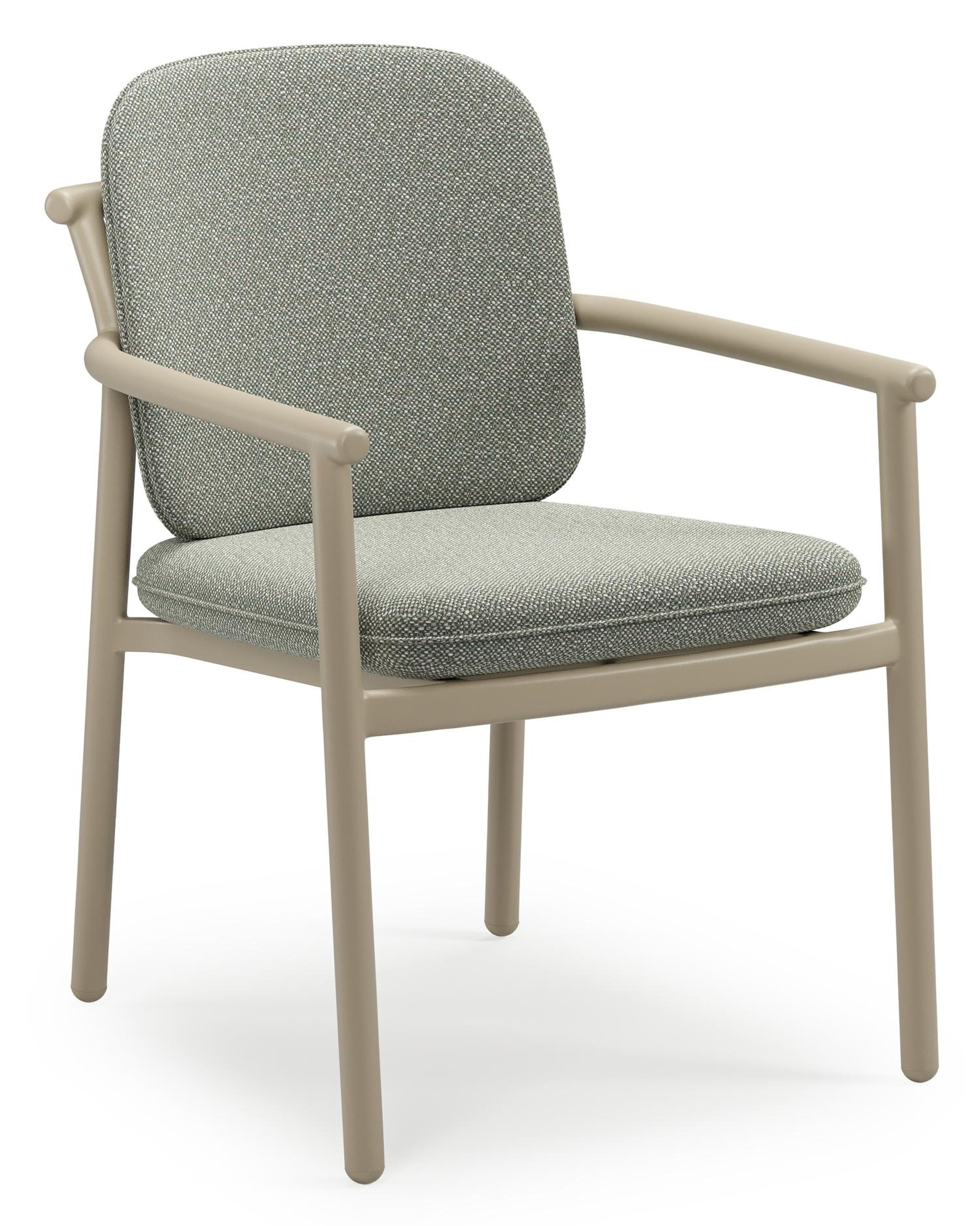 Bono stapelbare tuinstoel in beige aluminium met stoelkussen in All Weather Sunbrella® Luxe Savane Leaf