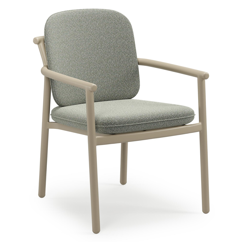 Bono stapelbare tuinstoel in beige aluminium met stoelkussen in All Weather Sunbrella® Luxe Savane Leaf