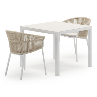 Feltro tuinset in wit aluminium en sintered stone Crema minerale met 2 Matera tuinstoelen