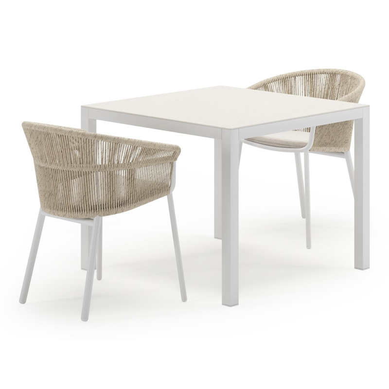 Feltro tuinset in wit aluminium en sintered stone Crema minerale met 2 Matera tuinstoelen