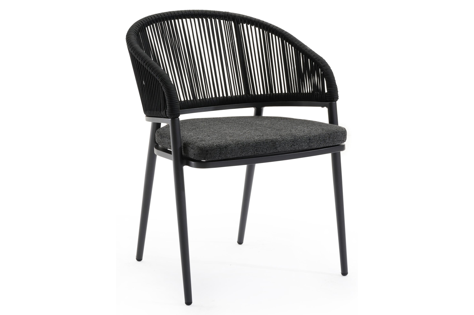 Lacrima tuinstoel in zwart aluminium en zwart verticaal geweven ronde rope met kussen in chartres sooty all weather sunbrella® luxe