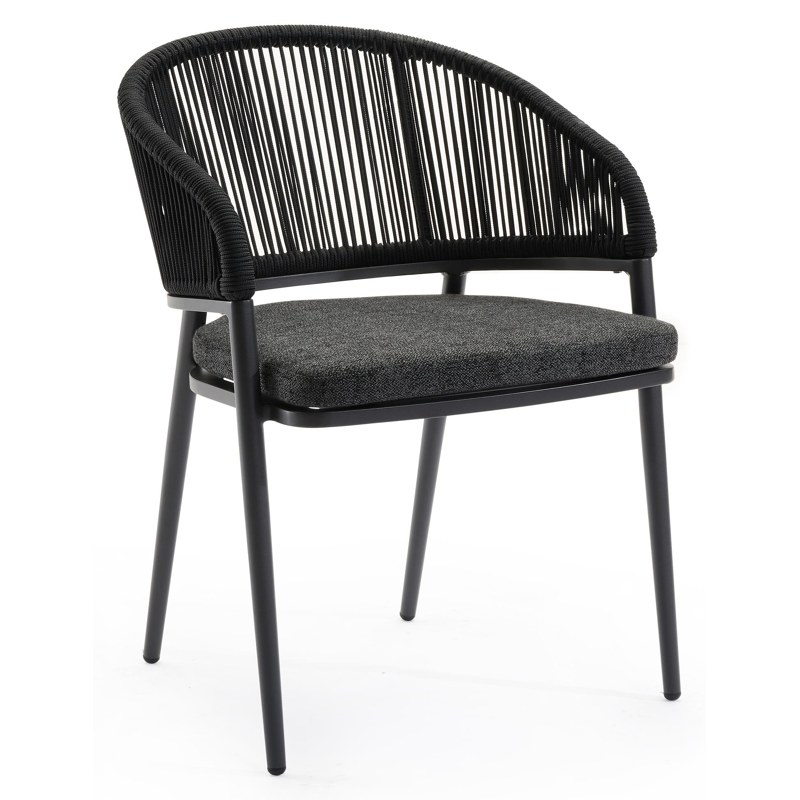 Lacrima tuinstoel in zwart aluminium en zwart verticaal geweven ronde rope met kussen in chartres sooty all weather sunbrella® luxe