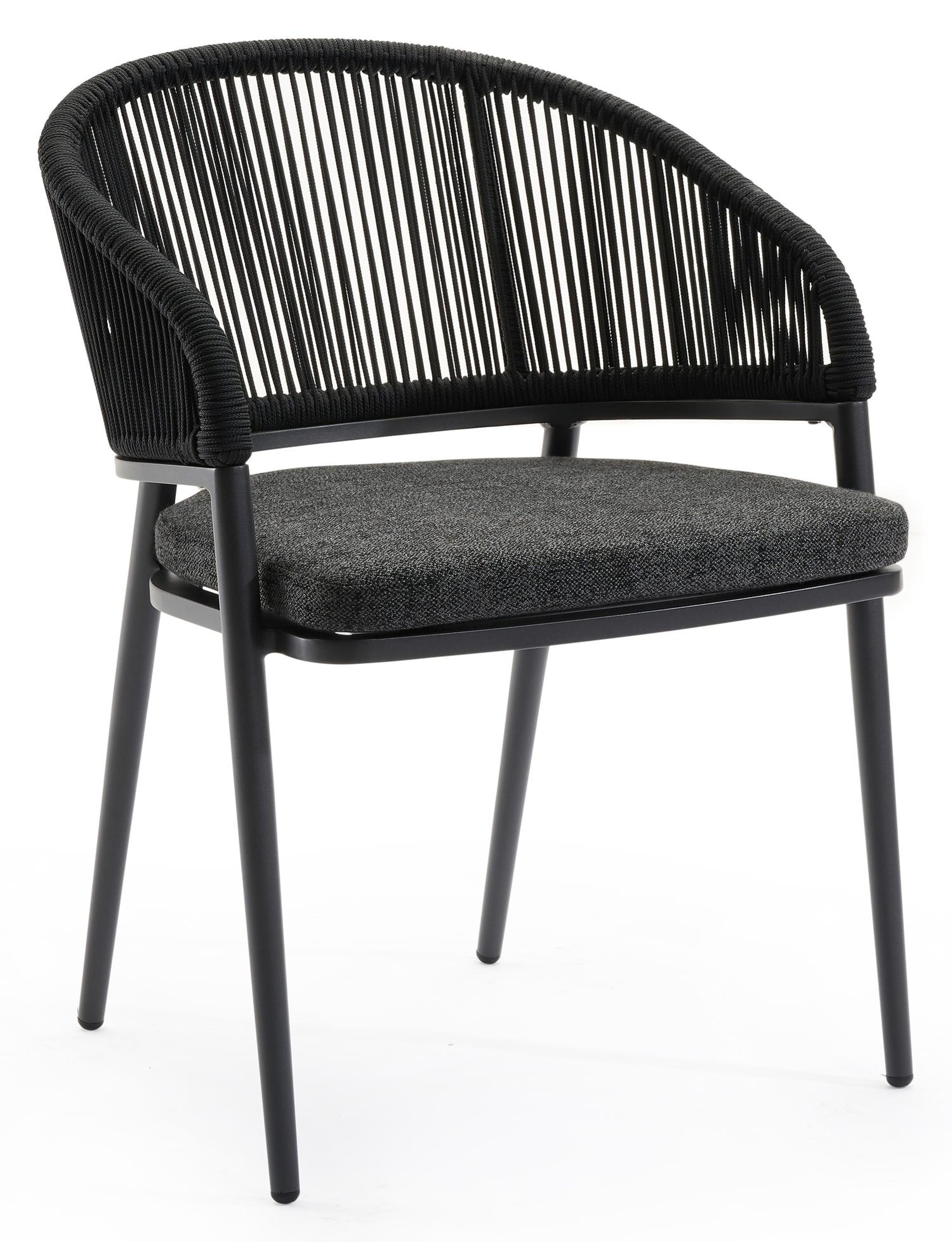 Lacrima tuinstoel in zwart aluminium en zwart verticaal geweven ronde rope met kussen in chartres sooty all weather sunbrella® luxe