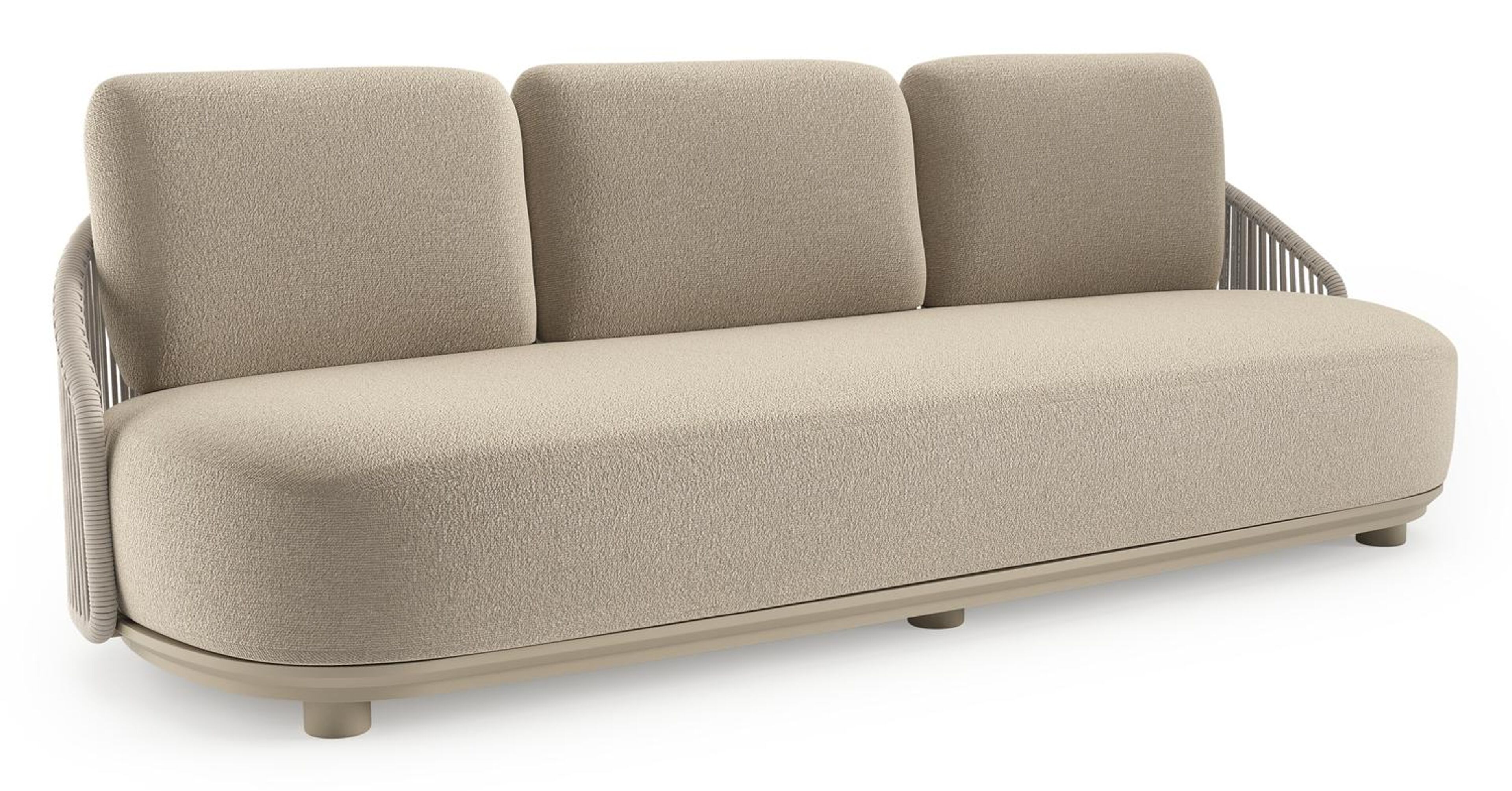 Canapé de jardin Vadelo en aluminium beige et corde ronde tissée verticalement beige et coussins en all weather cosytica marbella sand