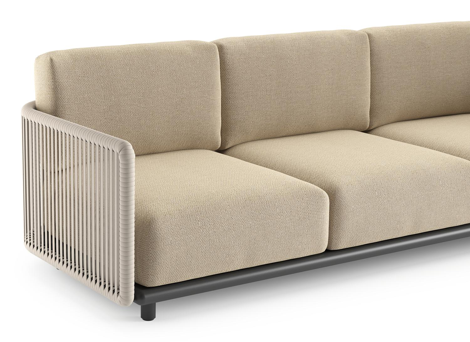 Organo loungehoek in zwart aluminium en beige verticaal geweven luxe vlakke rope met althea camel all weather Cosytica kussen