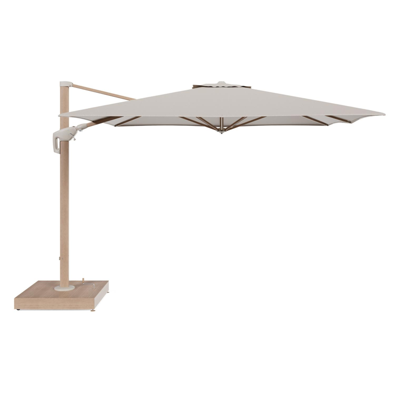 Minore zweefparasol met tiltfunctie in houtlook aluminium en Heritage Ash All Weather Sunbrella® Luxe parasoldoek - L1: 350 x L2: 350 cm met parasolvoet Minore 260 kg met wielen