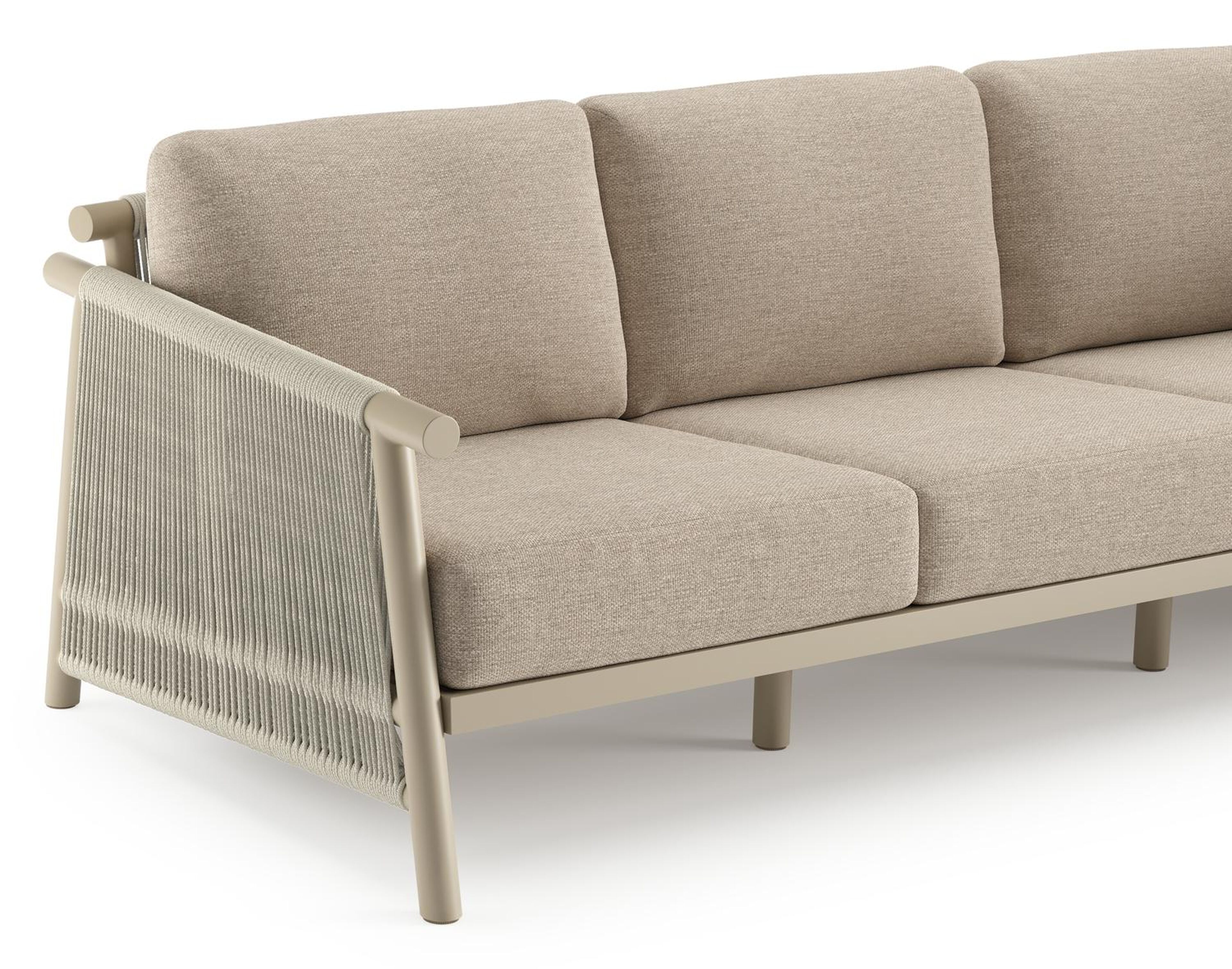Salon de jardin Erla en corde ronde tissée verticalement beige et coussins en weather+ softtouch rustic et table basse
