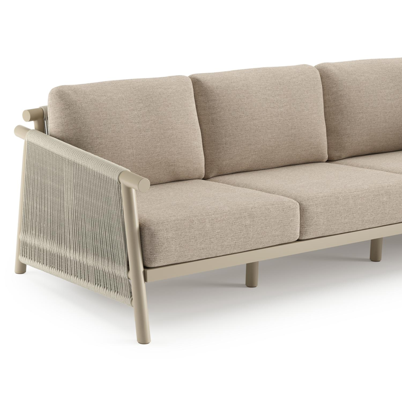 Salon de jardin Erla en corde ronde tissée verticalement beige et coussins en weather+ softtouch rustic et table basse