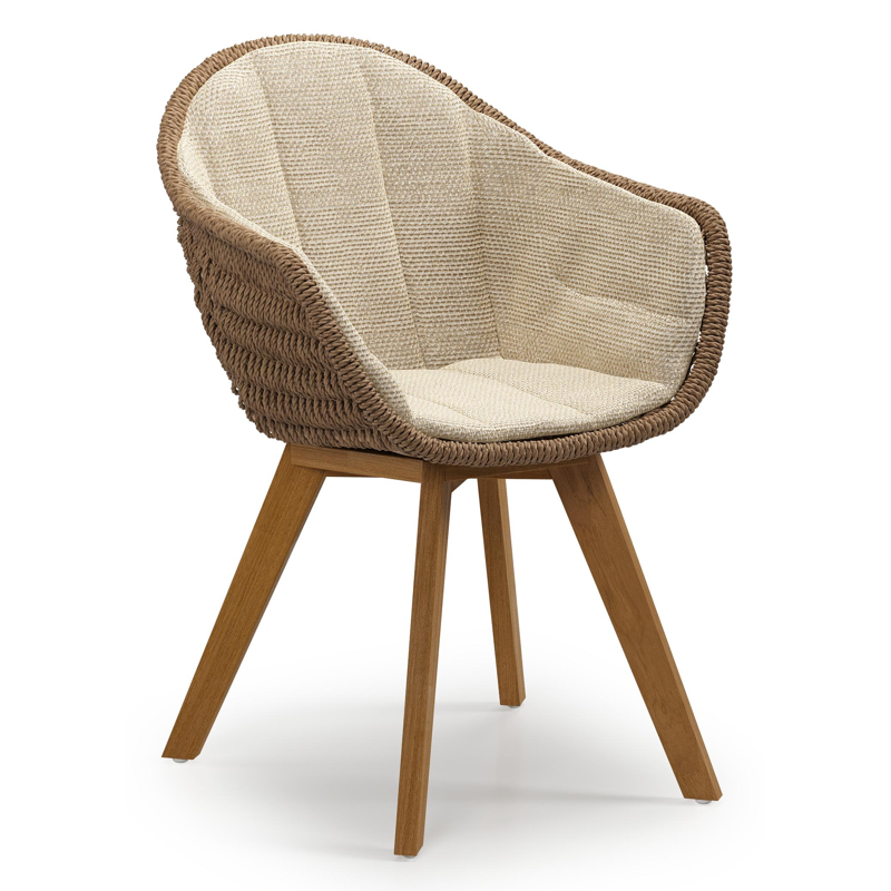 Pagino tuinstoel in teak en bruin ronde wicker met zitkussen in All Weather Cosytica Althea Camel