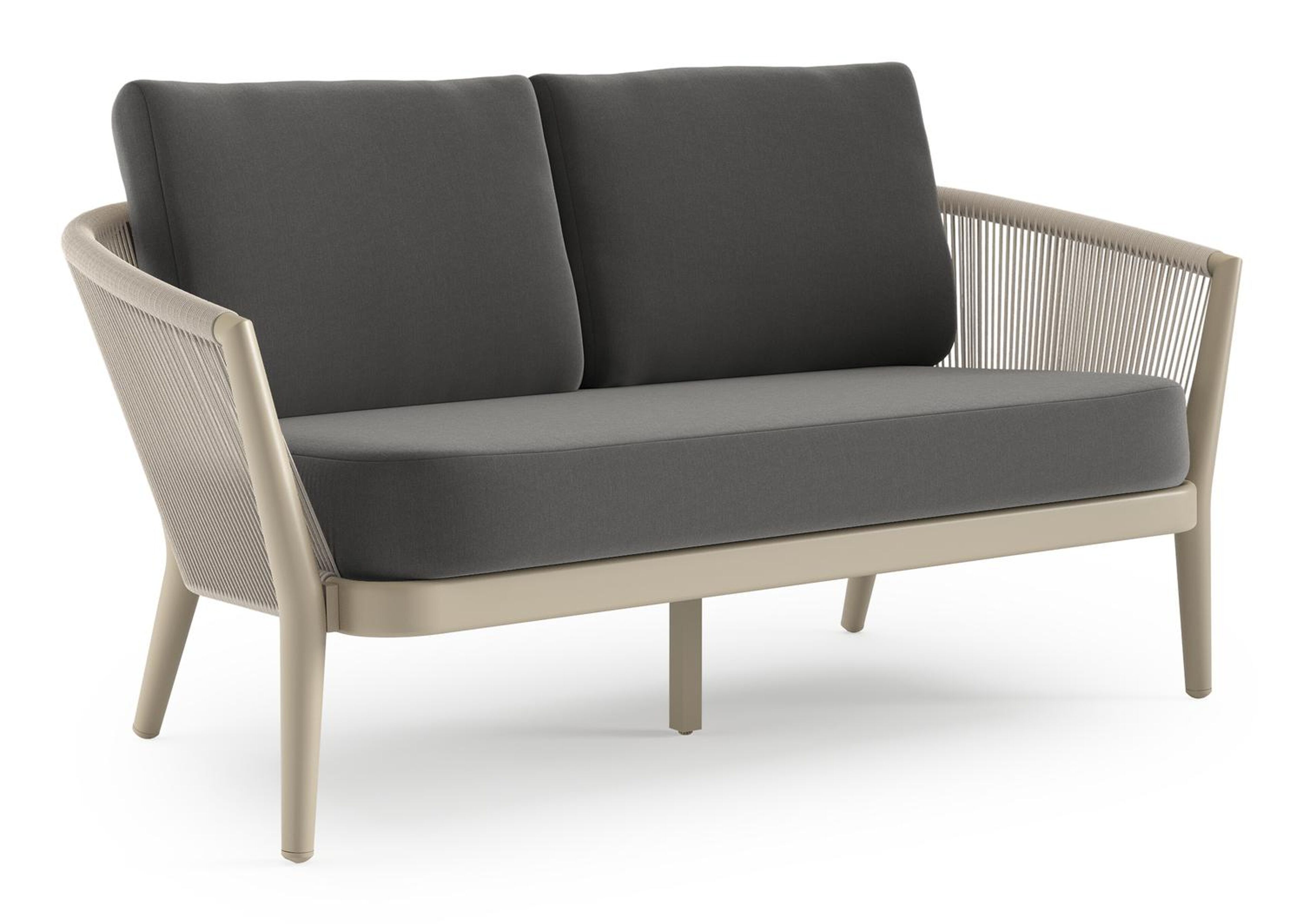 Orso loungebank in beige aluminium en beige verticaal geweven ronde rope met Natte Charcoal Chine all weather sunbrella® luxe kussen