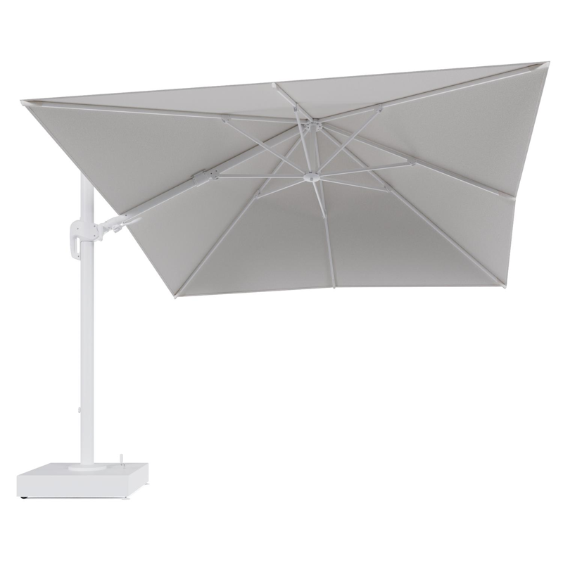 Rufina zweefparasol met tiltfunctie in wit aluminium en Soul Optik All Weather Solica parasoldoek - L1 300 x L2 300 cm met parasolvoet Minore 150 kg met wielen