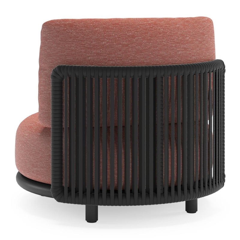 Lomano loungestoel in zwart aluminium en beige verticaal geweven luxe vlakke rope met slow alezan all weather sunbrella® luxe kussen