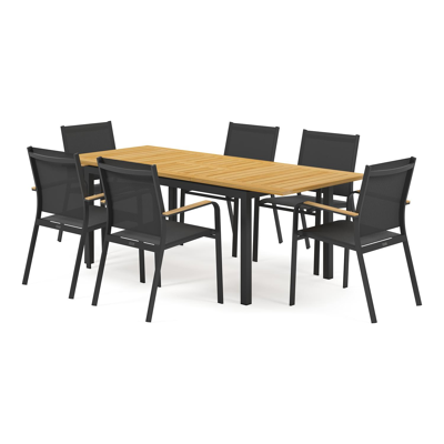 Ensemble de jardin Amalfi avec table extensible en aluminium noir avec plateau de table en teck et 6 chaises de jardin empilables Amalfi