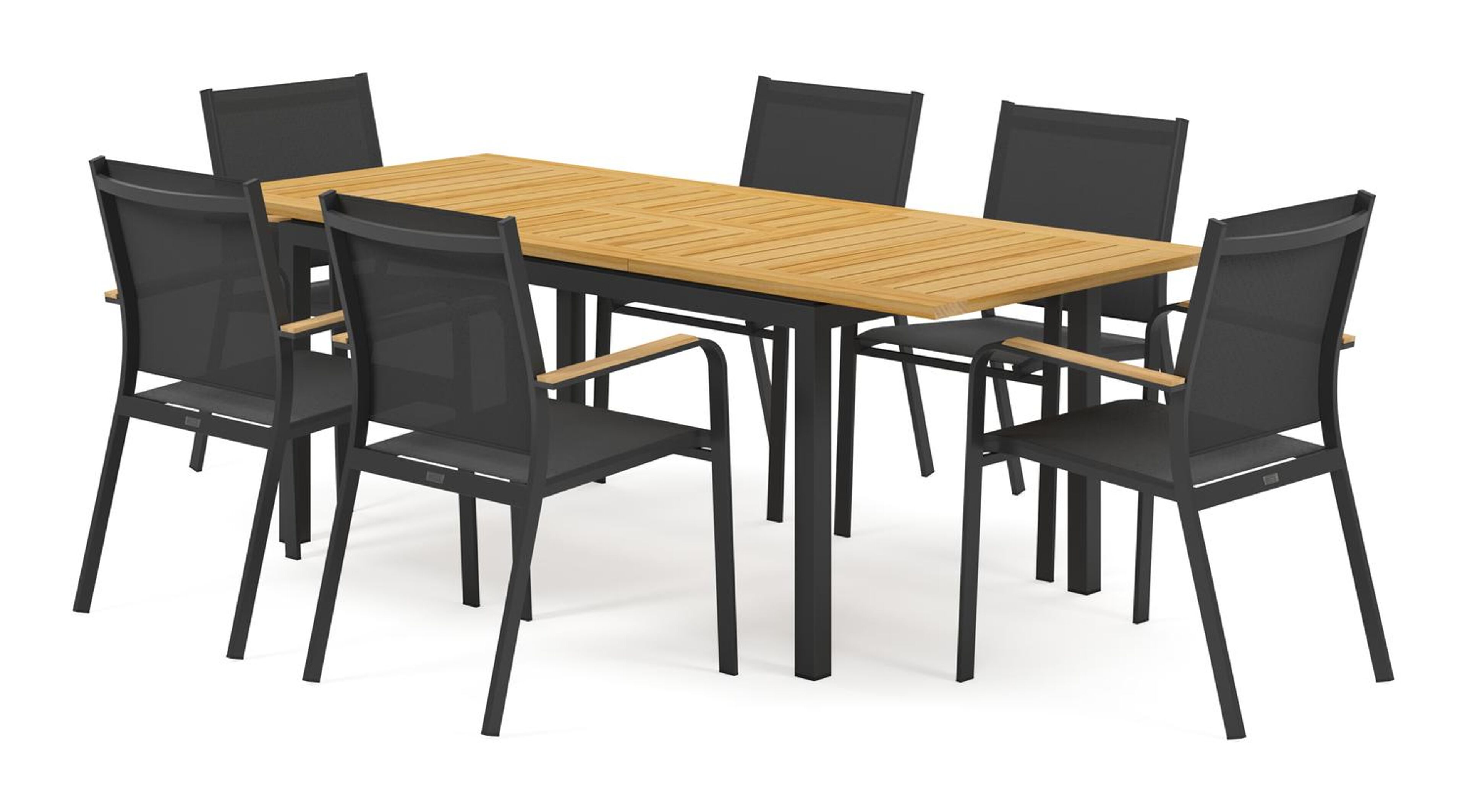 Ensemble de jardin Amalfi avec table extensible en aluminium noir avec plateau de table en teck et 6 chaises de jardin empilables Amalfi