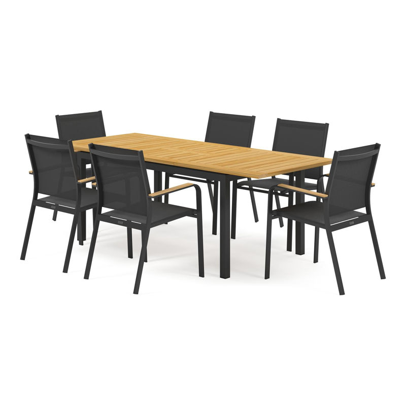 Amalfi tuinset met verlengbare tafel in zwart aluminium en teak tafelblad met 6 stapelbare Amalfi tuinstoelen