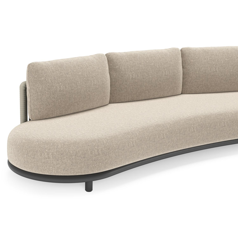 Lomano loungebank in zwart aluminium en beige verticaal geweven luxe vlakke rope met Chartres Pewter all weather sunbrella® luxe