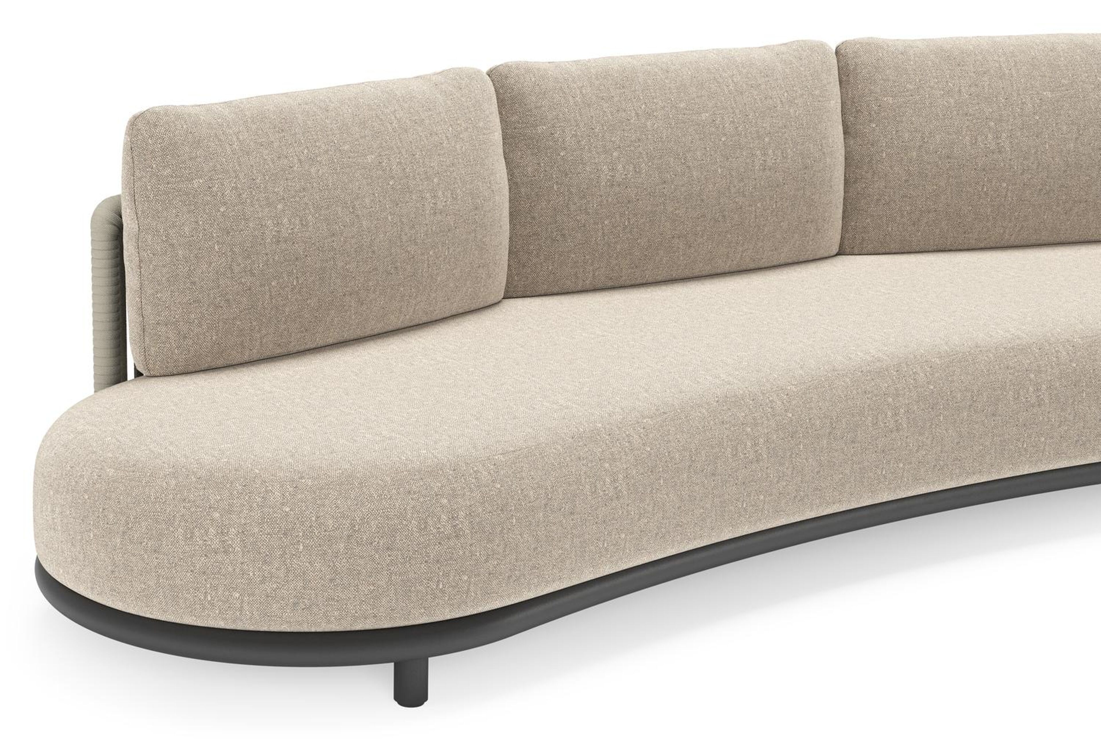 Lomano loungebank in zwart aluminium en beige verticaal geweven luxe vlakke rope met Chartres Pewter all weather sunbrella® luxe