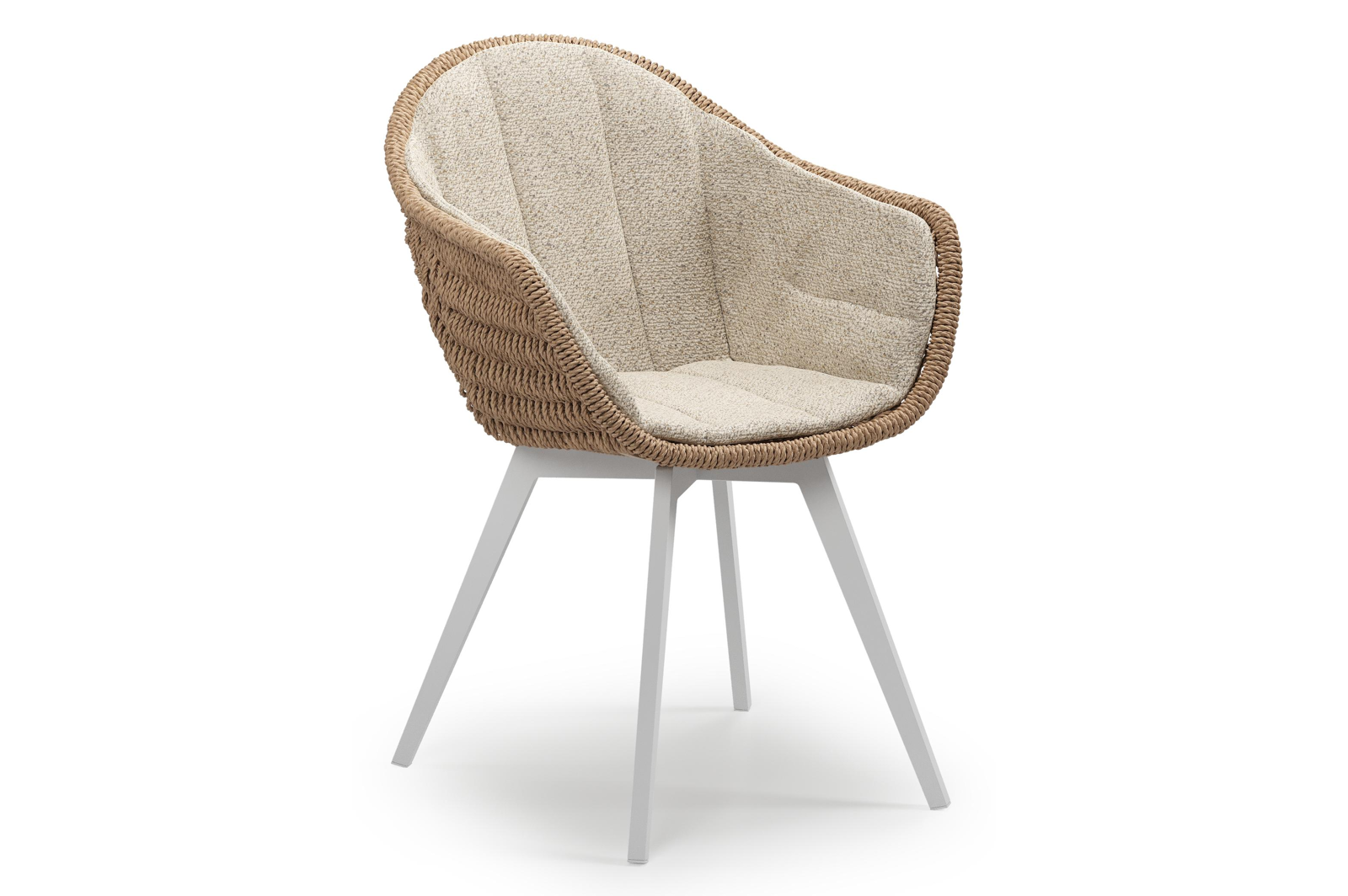 Pagino tuinstoel in wit aluminium en naturel ronde wicker met kussen in bora desert all weather cosytica