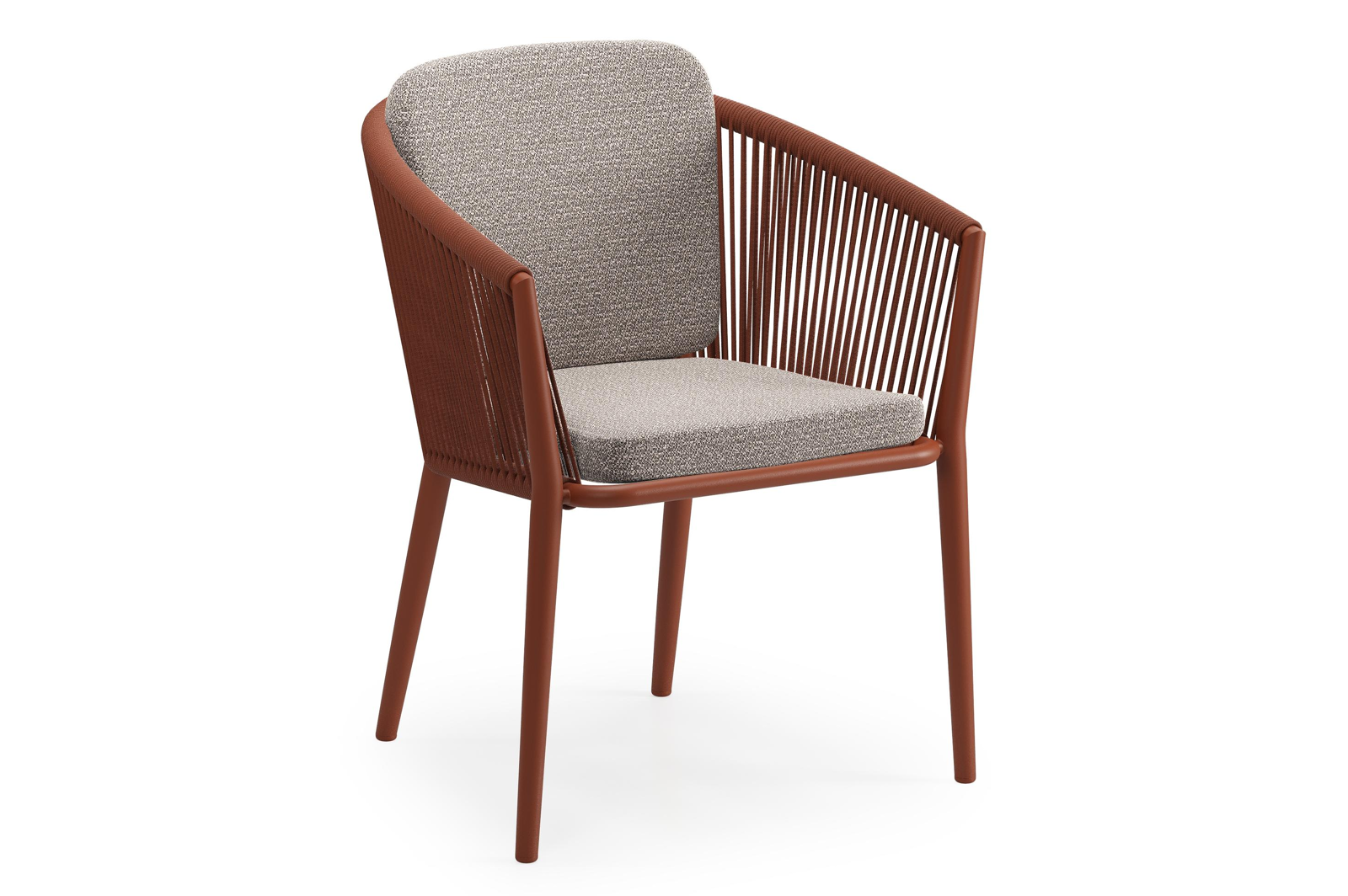 Chaise de jardin Orso en aluminium brun rouille et corde ronde tissée verticalement brun rouille avec coussin en All Weather Sunbrella® Luxe Wander Granite