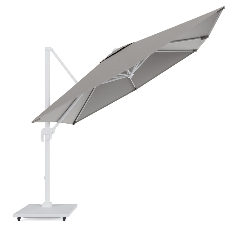 Calpe zweefparasol in wit aluminium en grijs Weather+ Softtouch parasoldoek - L1 270 x L2 270 cm met Calpe parasolvoet 70 kg met wielen