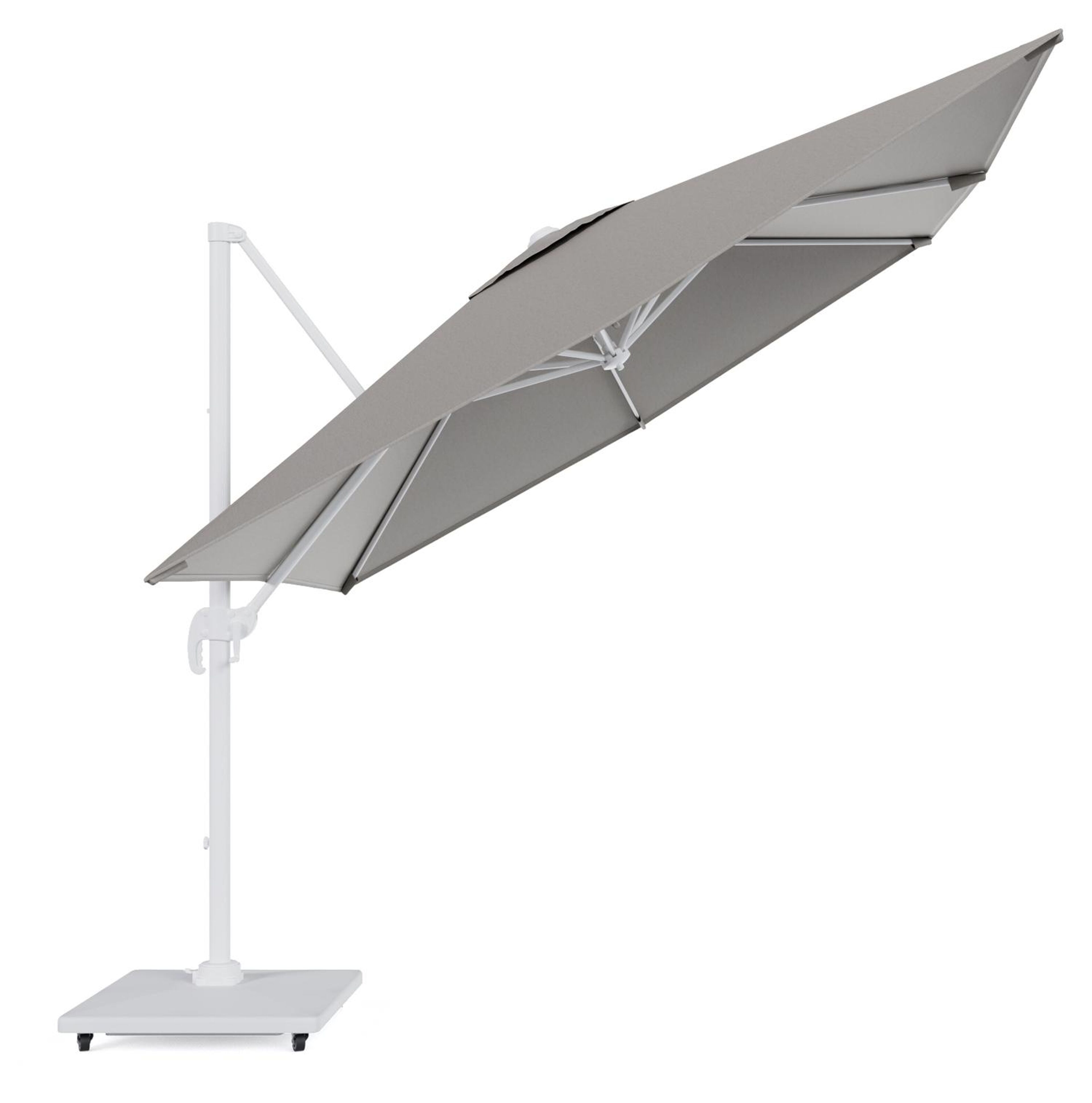 Calpe zweefparasol in wit aluminium en grijs Weather+ Softtouch parasoldoek - L1 270 x L2 270 cm met Calpe parasolvoet 70 kg met wielen