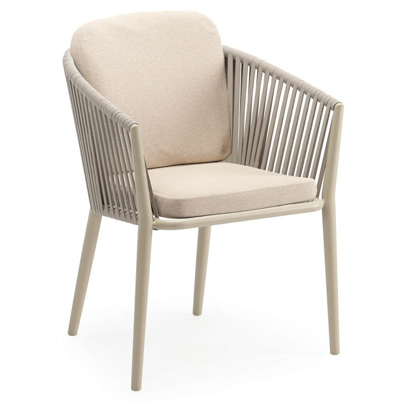 Chaise de jardin Orso en aluminium beige et corde plate tissée verticalement beige avec coussin luxe en All Weather Sunbrella® Luxe Heritage Papyrus
