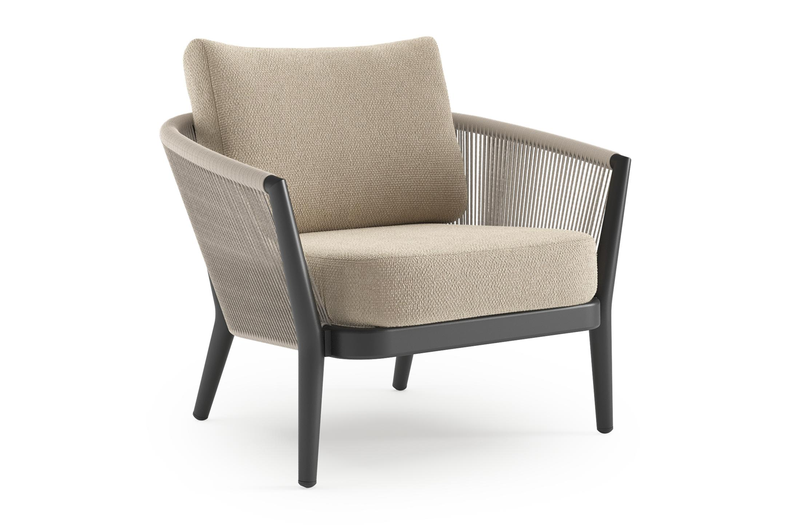 Orso loungestoel in zwart aluminium en beige verticaal geweven ronde rope met Althea Chalk all weather cosytica kussen