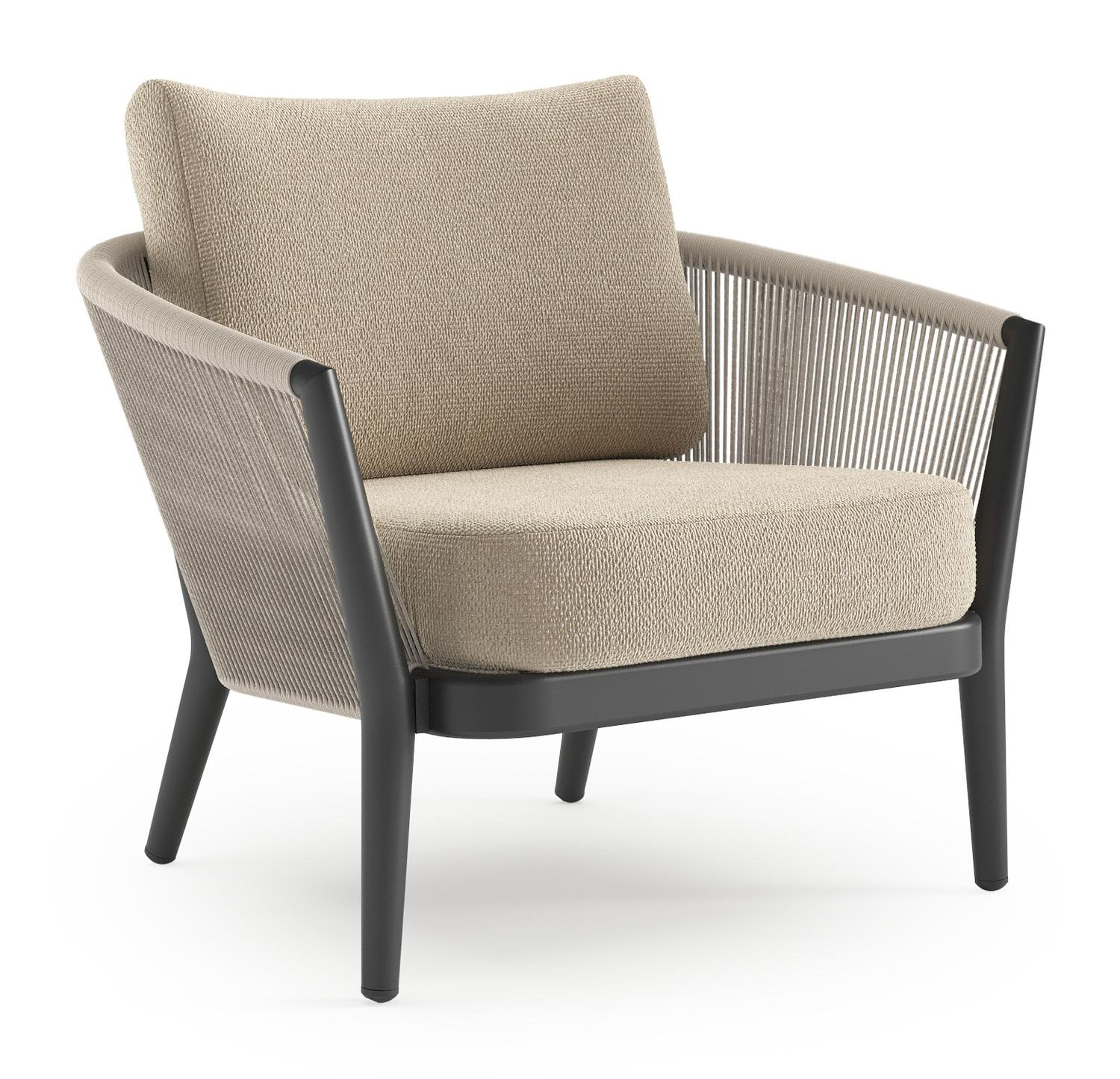 Fauteuil de jardin Orso en aluminium noir en corde ronde tissée verticalement beige et coussins en all weather cosytica Althea Chalk