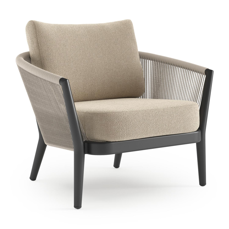 Orso loungestoel in zwart aluminium en beige verticaal geweven ronde rope met Althea Chalk all weather cosytica kussen