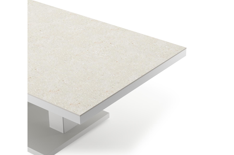 Cirello Pop up loungetafel in wit aluminium en beige volkeramiek - L 140 x B 80 x H 71,6 cm