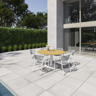 Lagos tuinset in wit aluminium en naturel polywood tafelblad met 6 stapelbare Vigo tuinstoelen