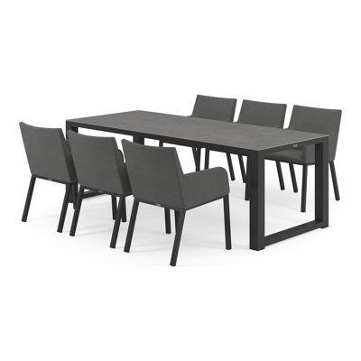 Ensemble de jardin Livo en aluminium noir avec plateau de table en céramique pleine gris et 6 chaises de jardin Rivo