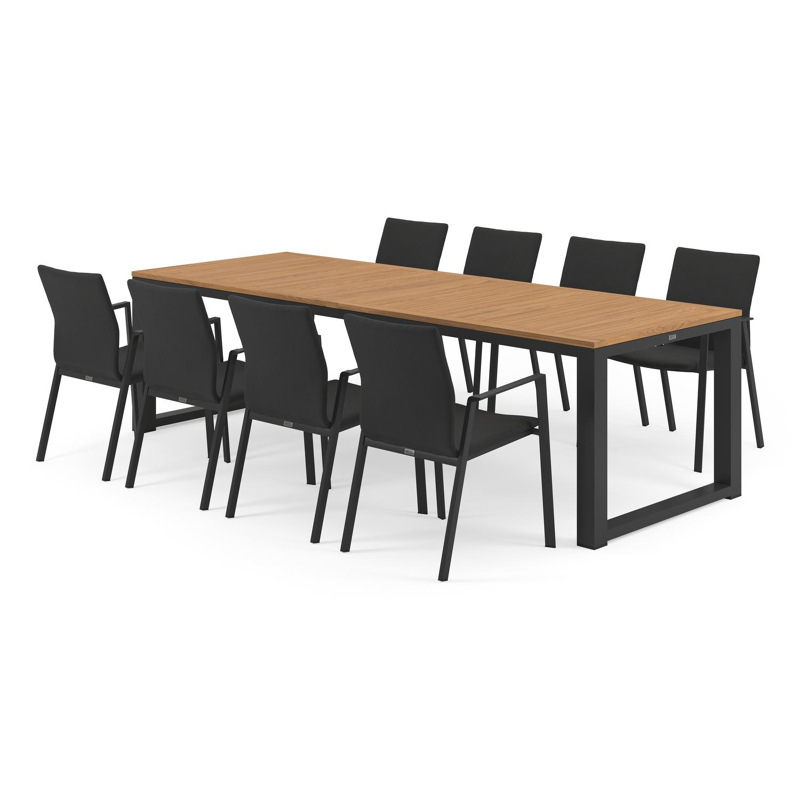 Livo tuinset in zwart aluminium en naturel teak tafelblad met 8 stapelbare Madura tuinstoelen