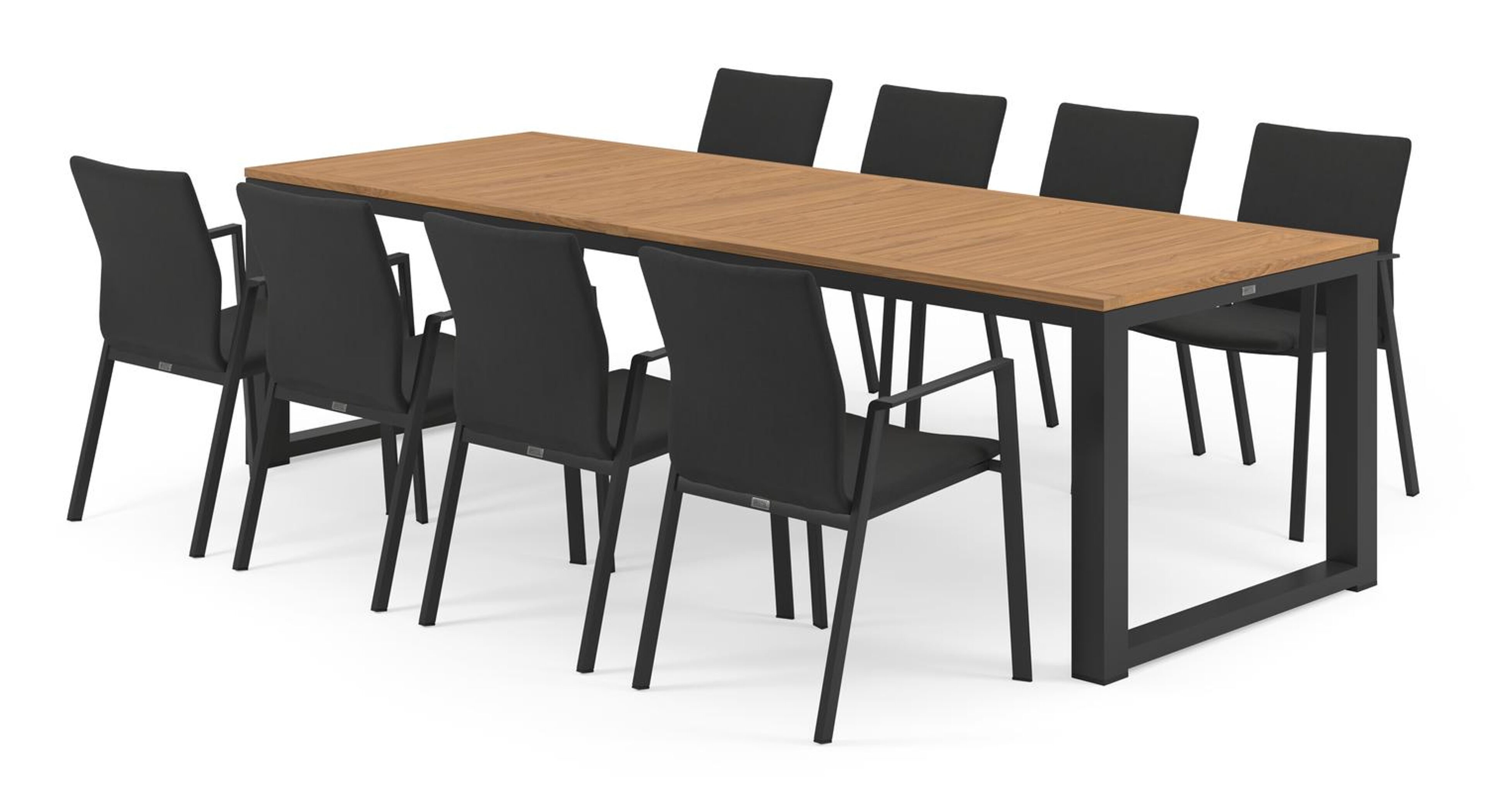 Livo tuinset in zwart aluminium en naturel teak tafelblad met 8 stapelbare Madura tuinstoelen