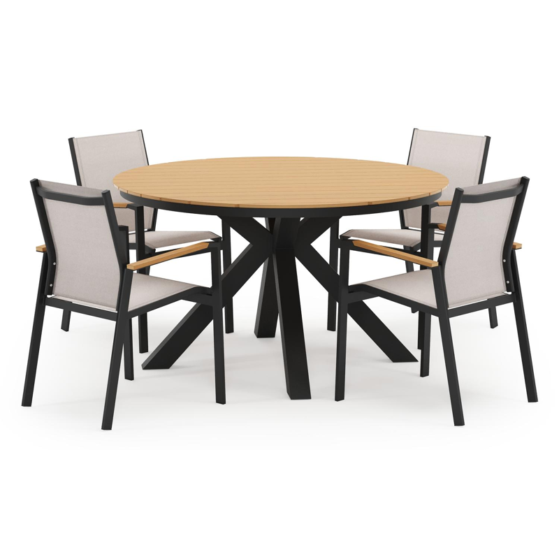 Tora tuinset in zwart aluminium en polywood met 4 stapelbare Bahia tuinstoelen