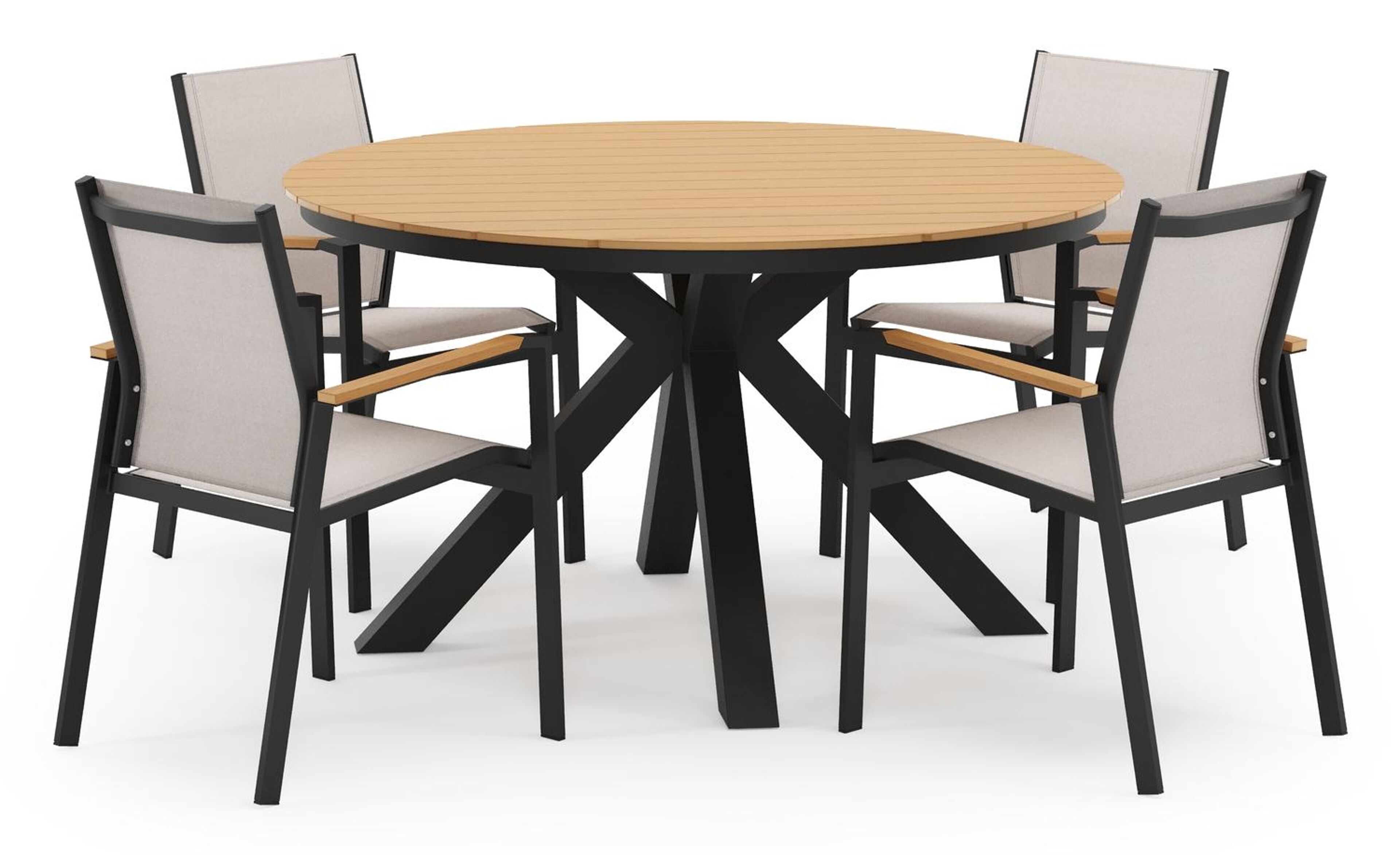 Tora tuinset in zwart aluminium en polywood met 4 stapelbare Bahia tuinstoelen