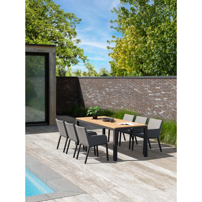 Varese tuinset in zwart aluminium en naturel teak tafelblad met 6 Rivo tuinstoelen