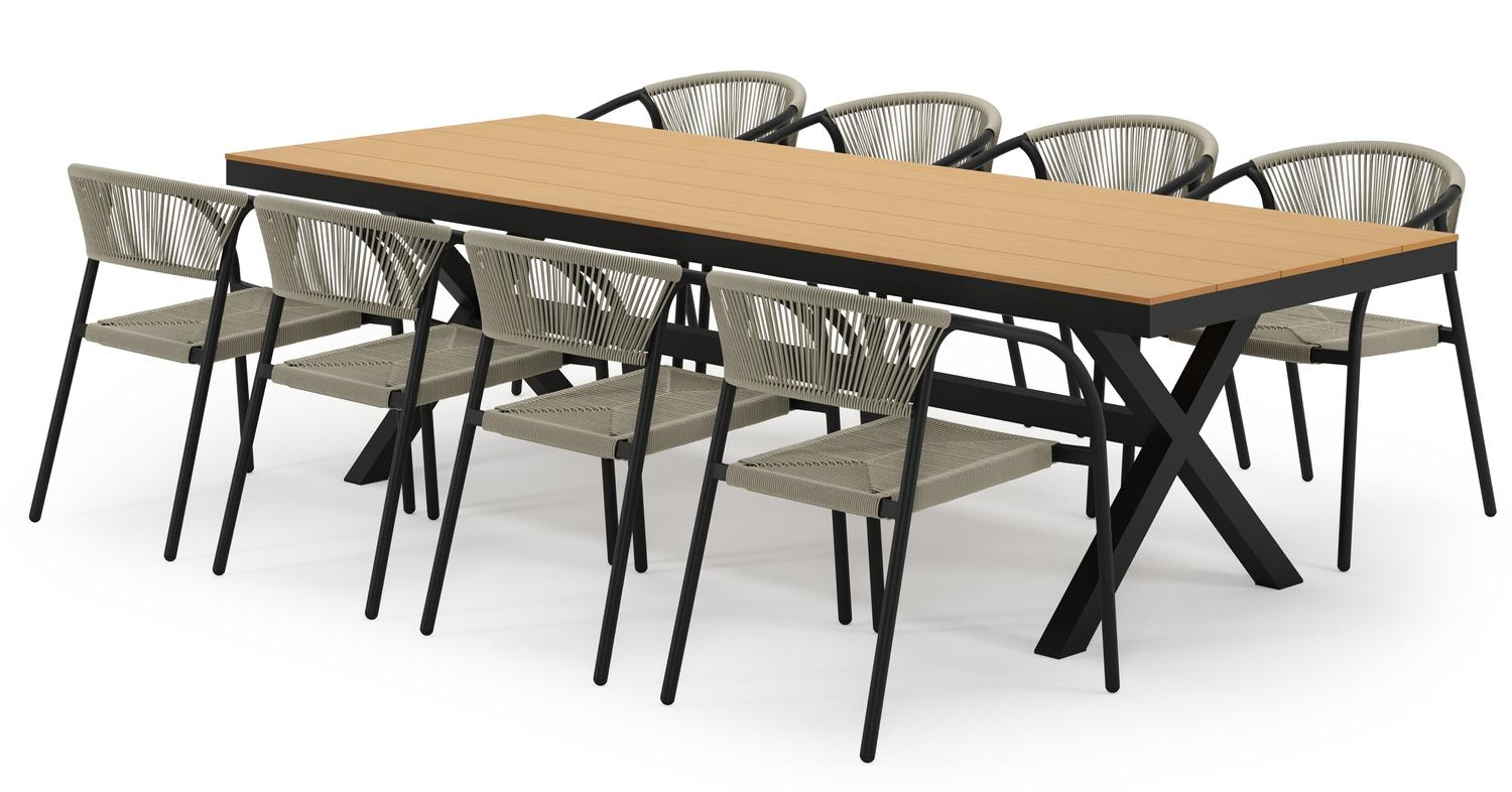 Bahia tuinset in zwart aluminium en polywood met 8 stapelbare Melo tuinstoelen