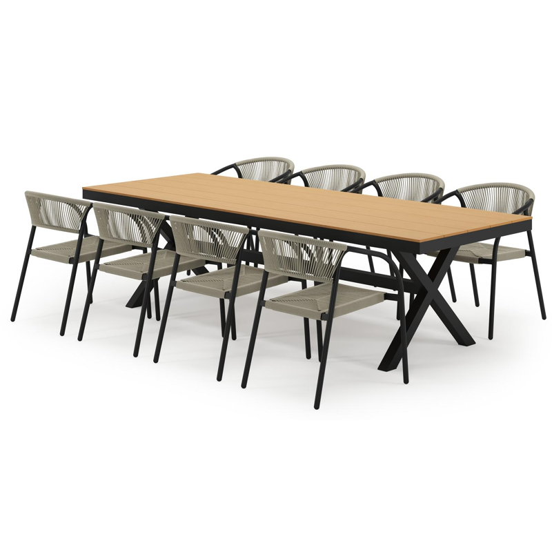 Bahia tuinset in zwart aluminium en polywood met 8 stapelbare Melo tuinstoelen